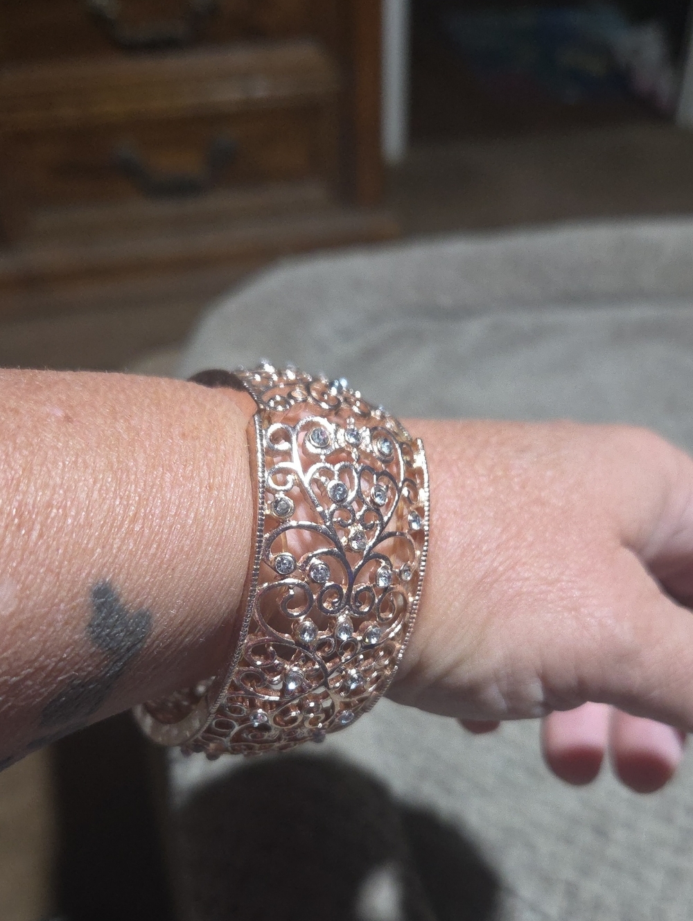 Rose Gold Filigree Crystal Bangle Bracelet - Women Jewelry